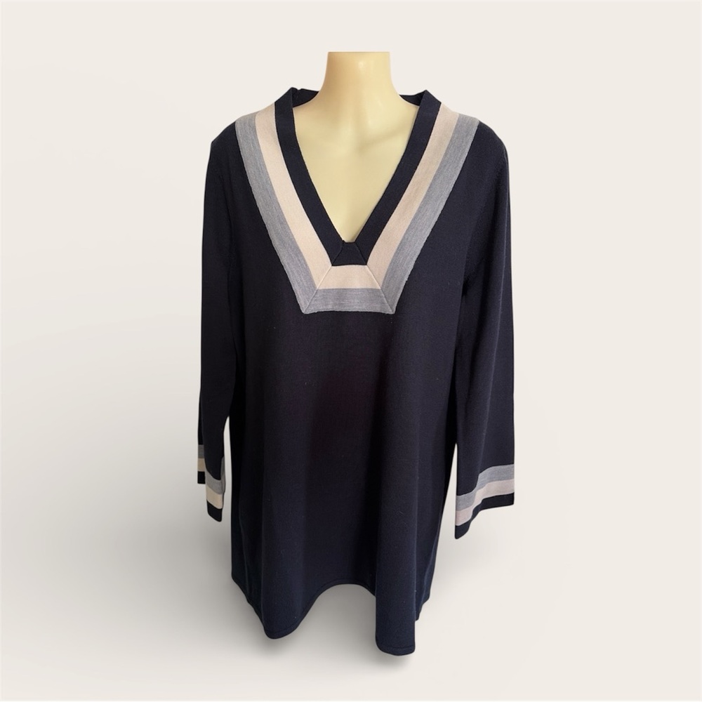 Tory Burch Color Block Long Tunic Cicada Sweater Merino Wool LARGE